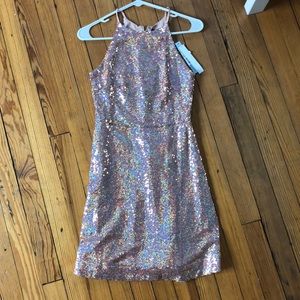 Sparkly aqua mini dress.